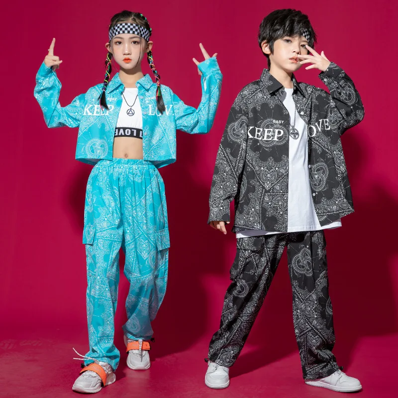 Kid Kpop Hip Hop Clothing Geometry Print Shirt Crop Top Streetwear High Waist Baggy Cargo Pants for Girl Boy Jazz Dance Costume