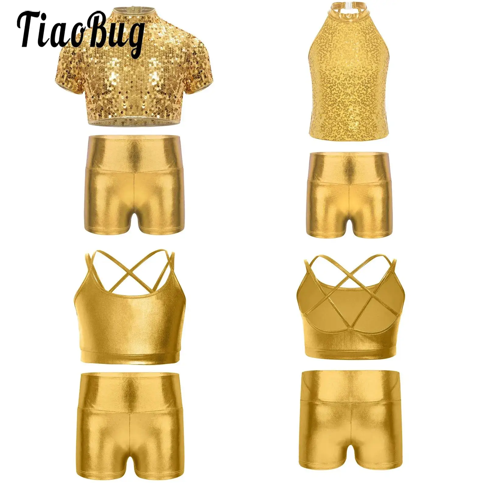 

Girls Metallic Jazz Dance Crop Top and Shorts Set Outfit Ballet Workout Fitness Gymnastics Figure Skating Performance Dancewear