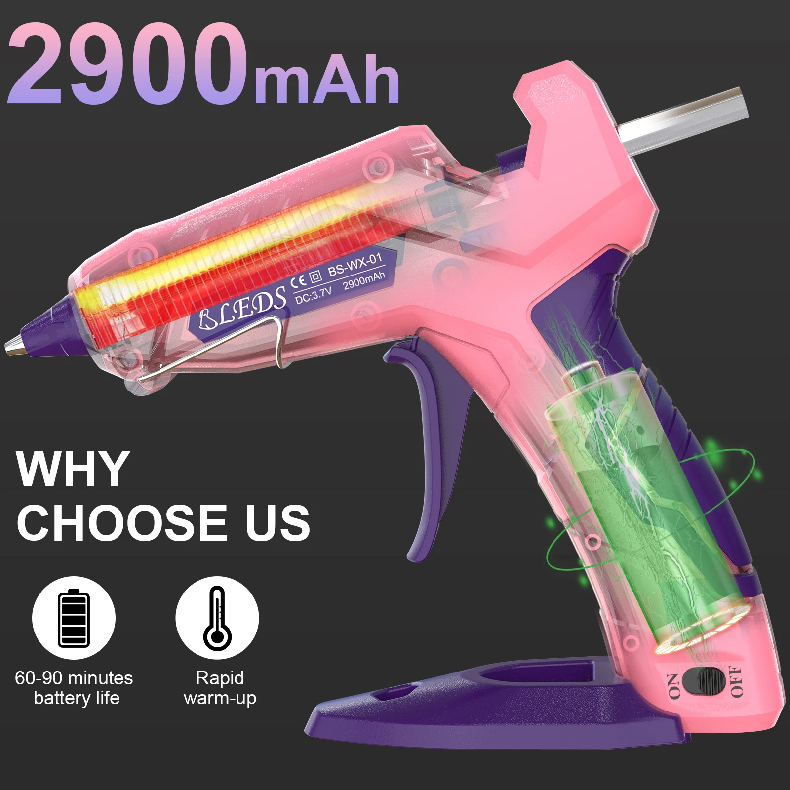 Pink Cordless Hot Glue Gun, 2900 mAH USB-C Rechargeable Wireless Glue Gun with 30 Pcs 7mm Glue Sticks, Tools for Craft DIY