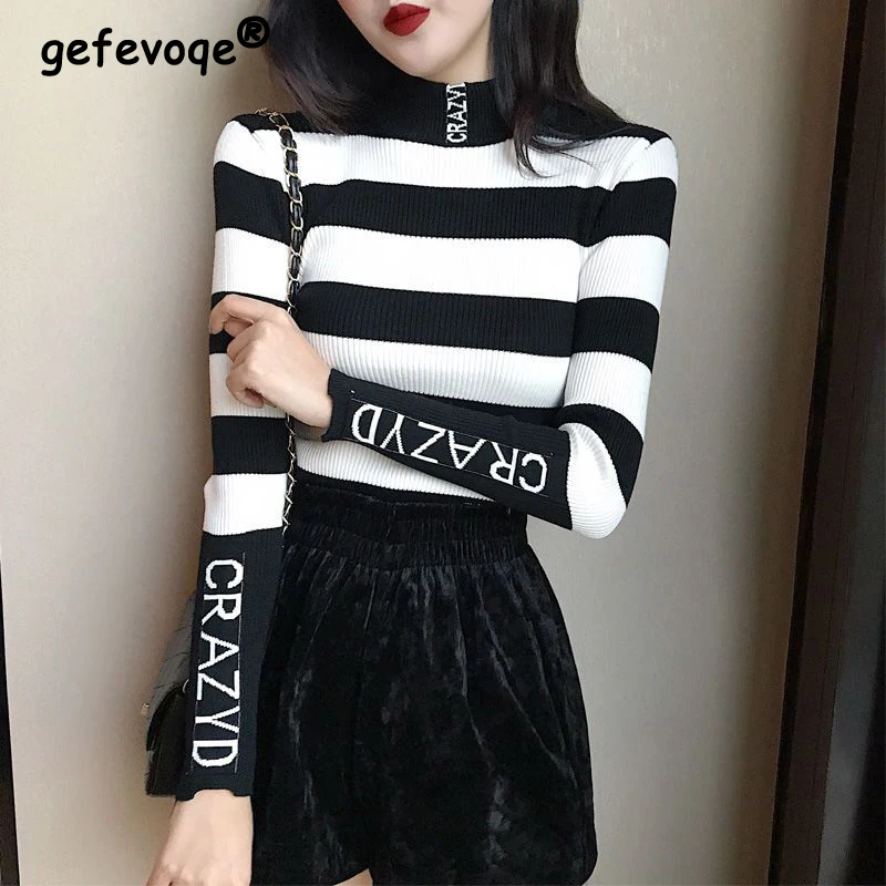 2023 Autumn Winter Women\'s Korean Fashion Striped Slim Basic Knitwear Female Half High Collar Long Sleeve Pullover Tops Jumpers