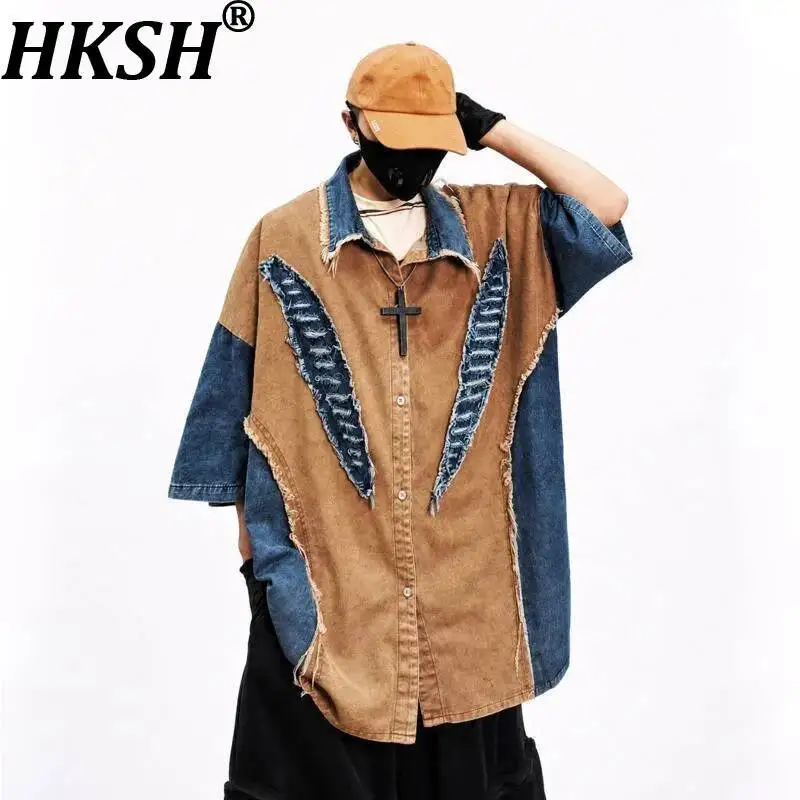 HKSH Summer New Men Tide Chic Ins Punk Patchwork Shirts Hip-hop Retro Loose Short-Sleeve Trendy Vintage Denim Shirts Y2K HK25423