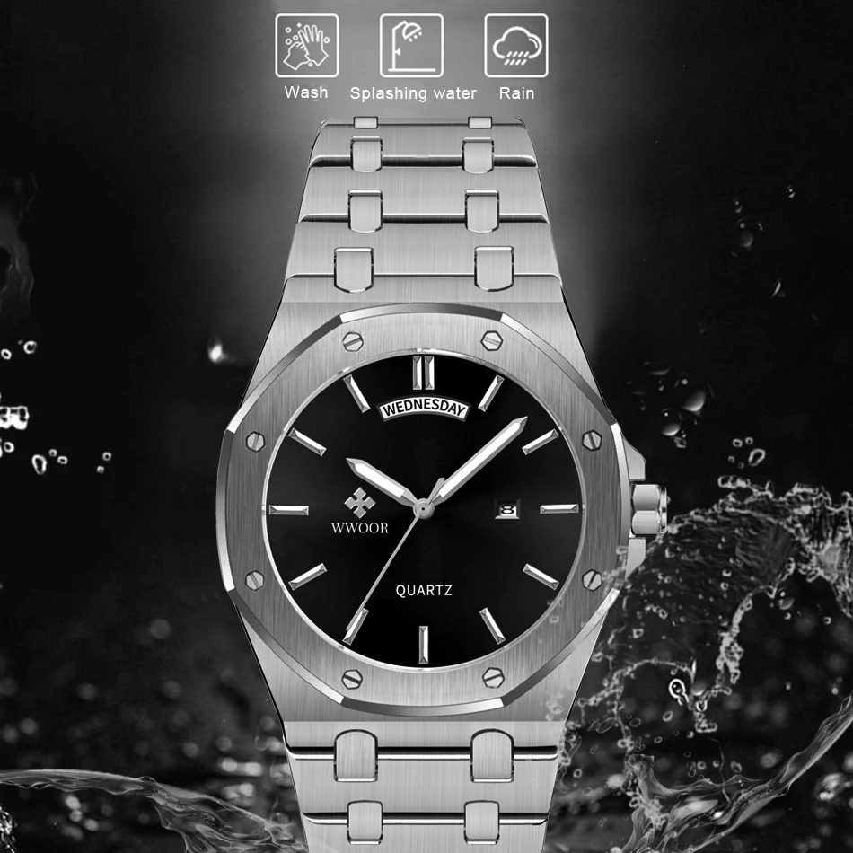 WWOOR Top Brand Luxury Men\'s Watches Stainless Steel Waterproof Luminous Fashion Big Watch For Men Week Date Clock Montre Homme