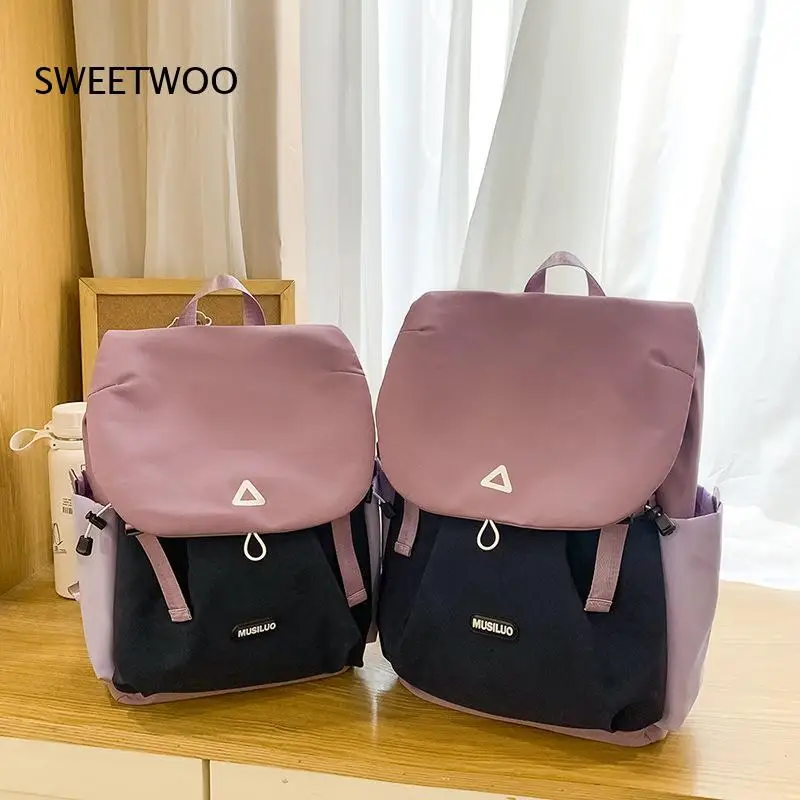Women Color Block Canvas Backpack Large Capacity Flip Top Drawstring Daypack Multi Pockets Casual Travel Backpack