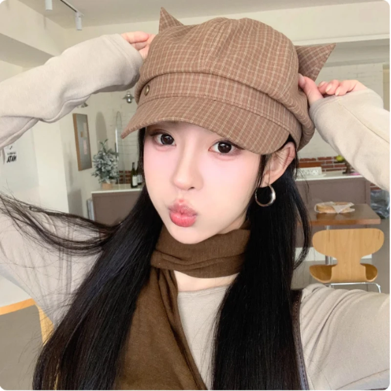 

Корейская версия модной женской кепки-газетчика с милыми кошачьими ушками, в клетку, восьмиугольная, для весны и лета, солнцезащитная, в стиле художника