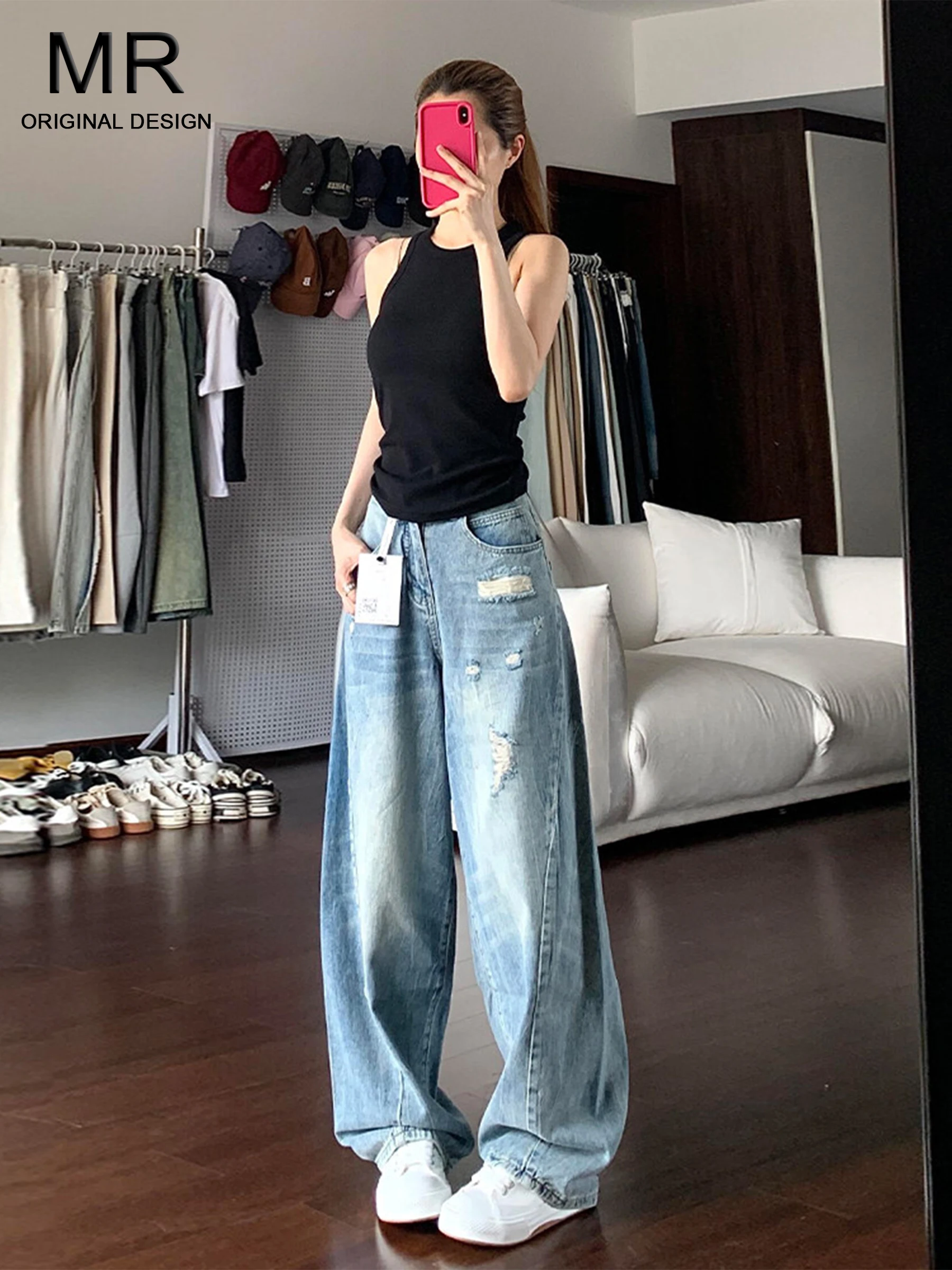 

Женские джинсы с высокой талией, широкими штанинами и эффектом потертости, в американском стиле, повседневные, износостойкие