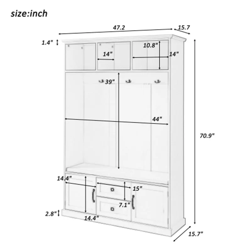 Hall Tree with 3 Hooks , Coat Hanger, Entryway Bench, Storage Bench, 3-in-1 Design, 47.2INCH, for Entrance, Hallway (White)