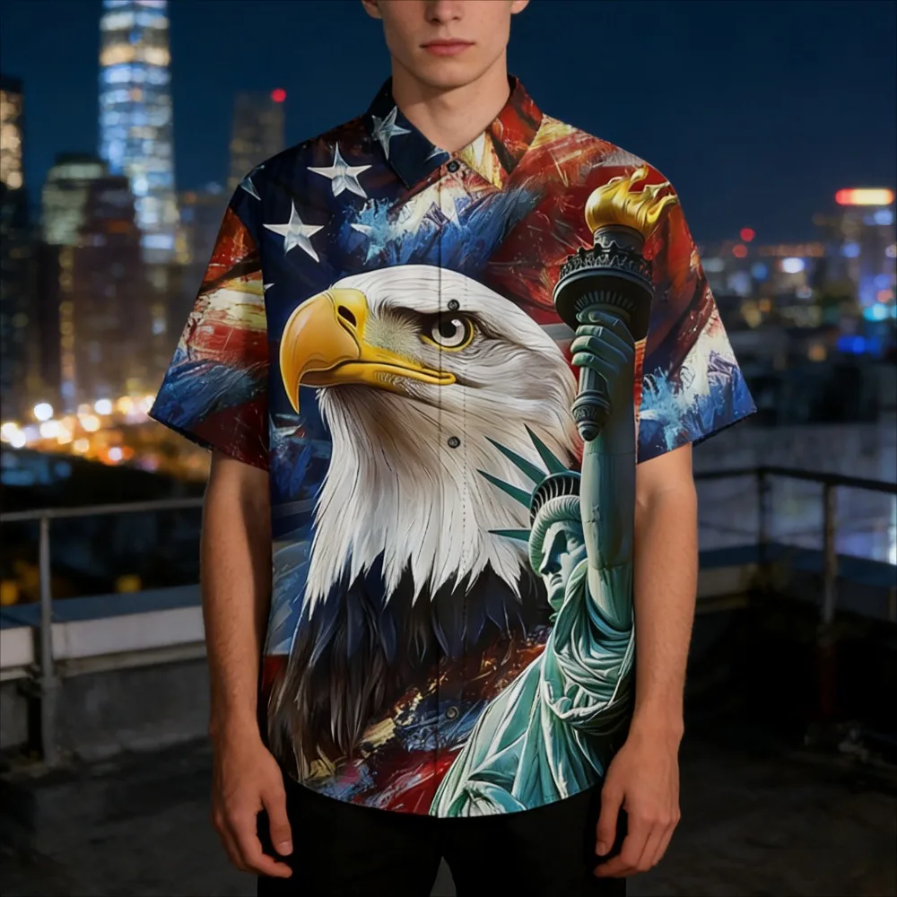 

Мужская патриотическая рубашка на пуговицах с коротким рукавом 4 июля Орел и Статуя Свободы Графический винтажный повседневный костюм со звездами и полосками