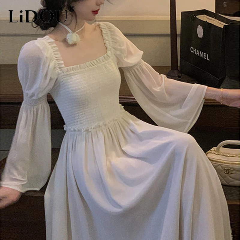 

Summer New Fashion Square Collar Ruffles Midi Dress Ladies Short Sleeves Sweet Fairy A-line Dresses Women's Clothing Robe Femme