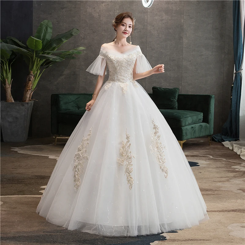 Cheap Lace Flare Sleeve Wedding Dress 2022 Fashion Simple Elegant Gowns Bride  V neck Off Shoulder Vestido De Noiva GZ76