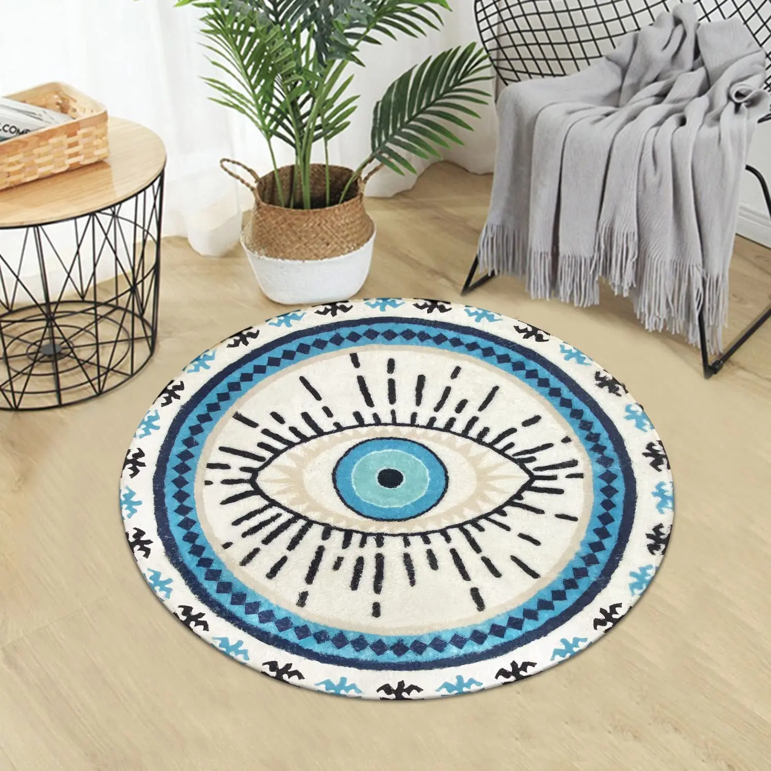 Blue Evil Eye Round Flannel Floor Rugs Super Soft Vintage Accent Non Slip Throw Carpet For Bedroom Living Room Nursery Decor