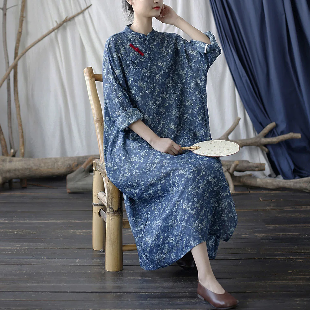 Abito da donna in ramie leggero e ampio, maniche lunghe, stampa floreale, colletto alla coreana, lungo a metà polpaccio, vintage Qipao cinese con tasche