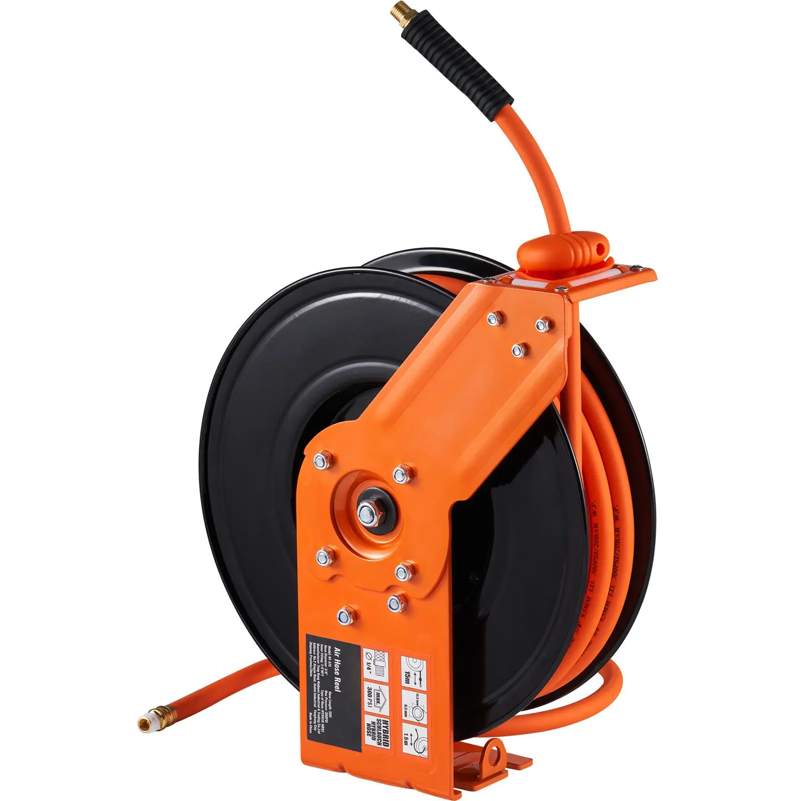 Retractable Air Hose Reel 3/8 IN x 50 FT Hybrid Air Hose 300PSI Compressor Hose Reel 5 In Lead In Ceiling Wall Mount Heavy Duty Single Arm Steel Reel