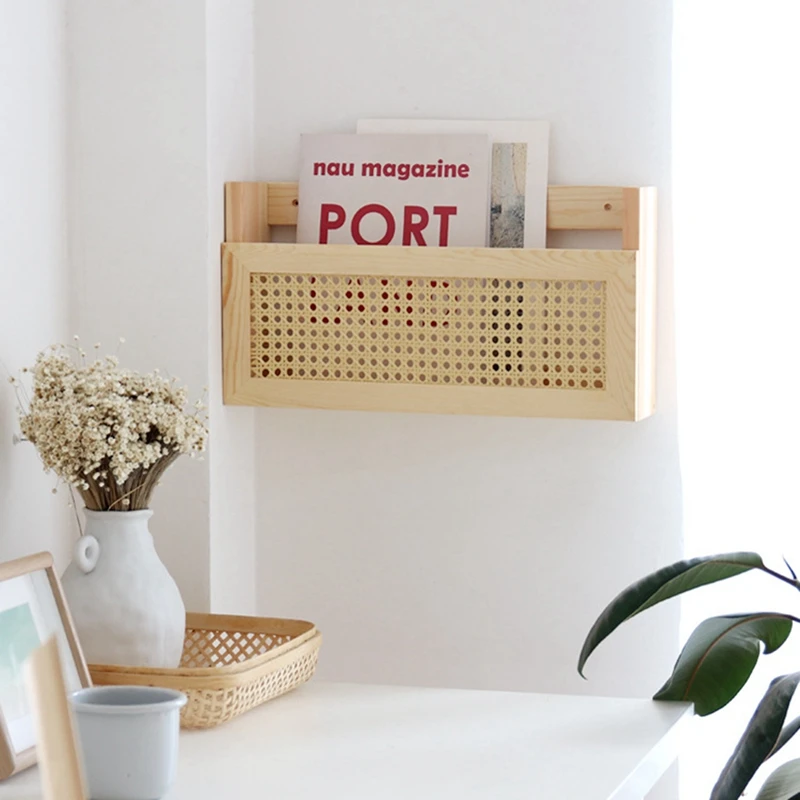 Wooden Magazine Wall Rack With Rattan File Holder Hanging File Rattan Bookcase Wooden Mail Organizer For Living Office