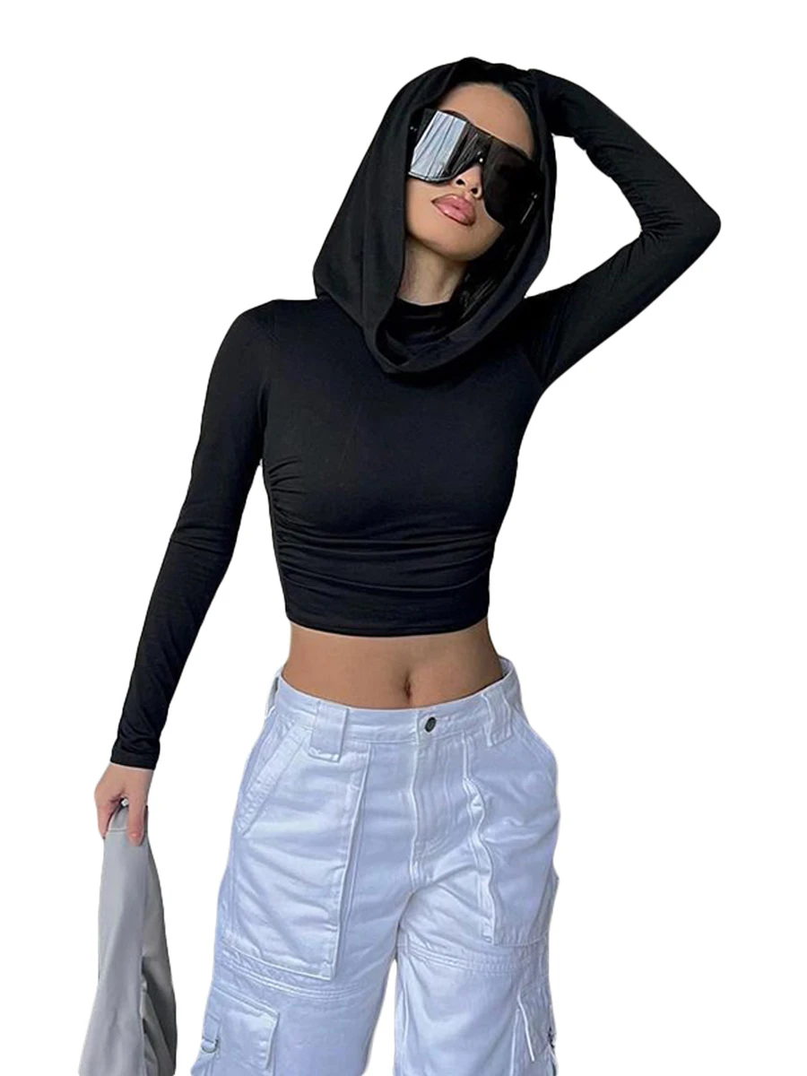 Women s Hooded Crop Tops Long Sleeve Cowl Neck Solid Color  Fit T-Shirt Blouse Streetwear