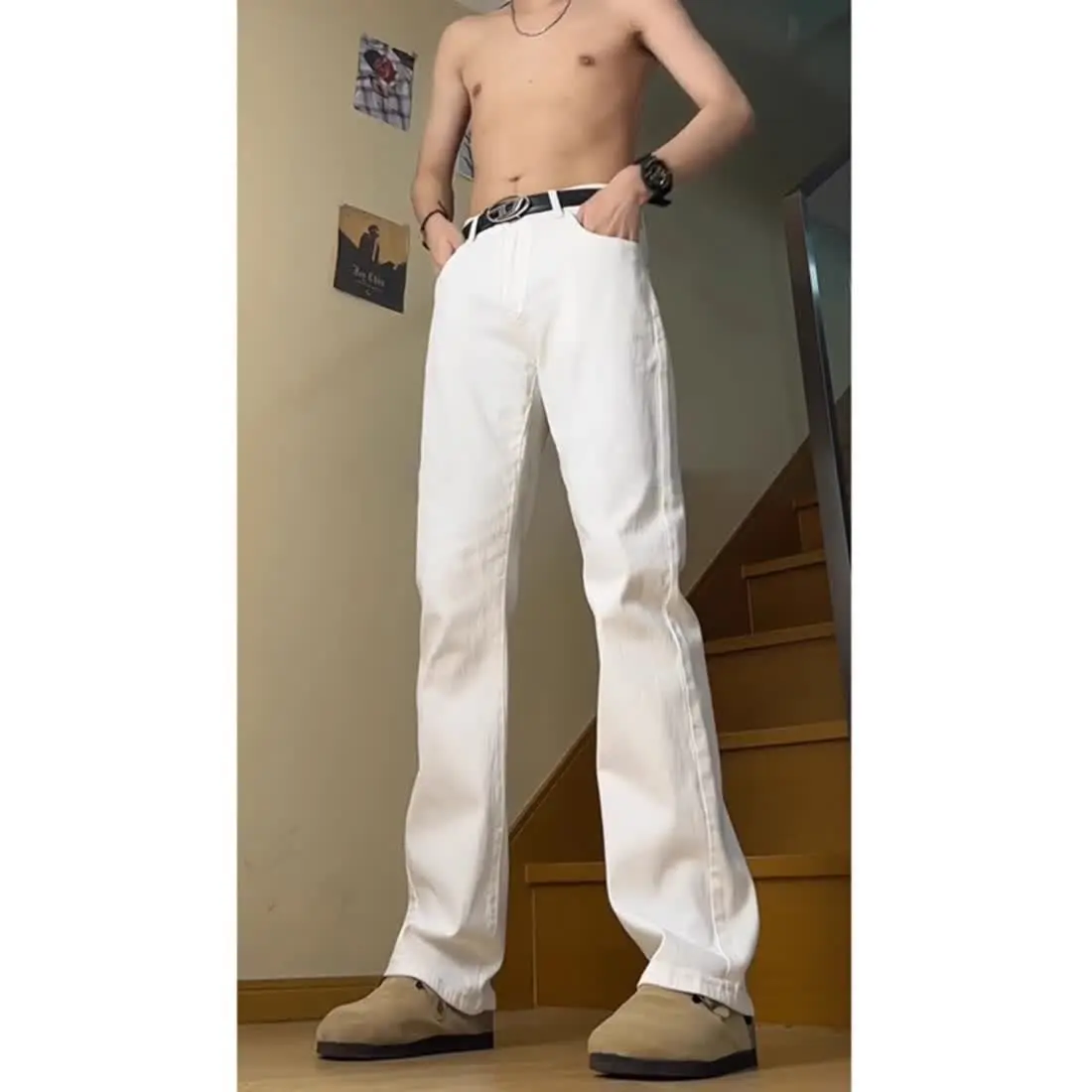 Masculino puro branco fino ajuste pequeno jeans retos estilo americano cintura alta negócios queimado calças roupas masculinas streetwear