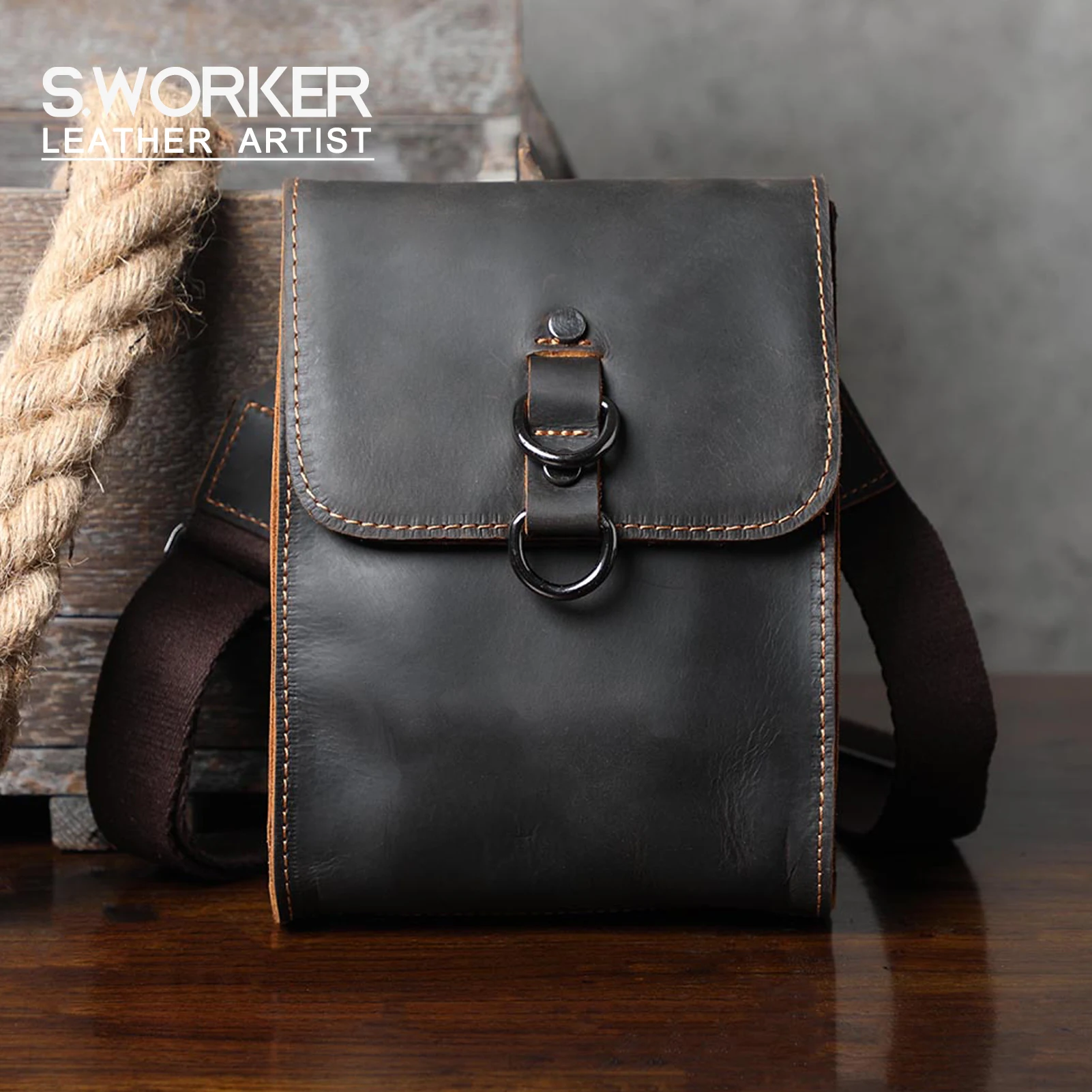 Vintage Echtleder Herren-Umhängetasche aus Crazy-Horse-Leder, Mini-Handytasche für Schlüssel und Karten – Detail 2