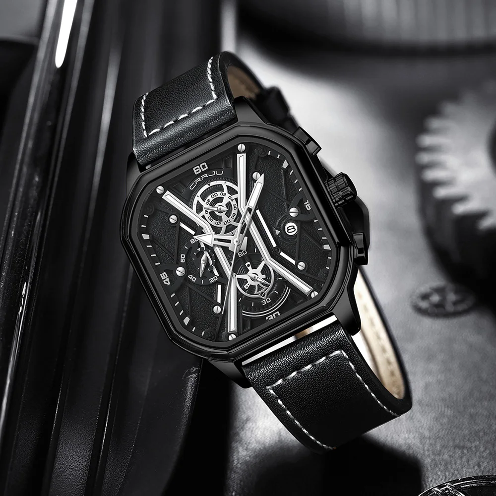 CRRJU Luxury Man Watch High Quality Waterproof Chronograph Luminous Men\'s Wristwatch Leather Men Quartz Watches Casual Clock