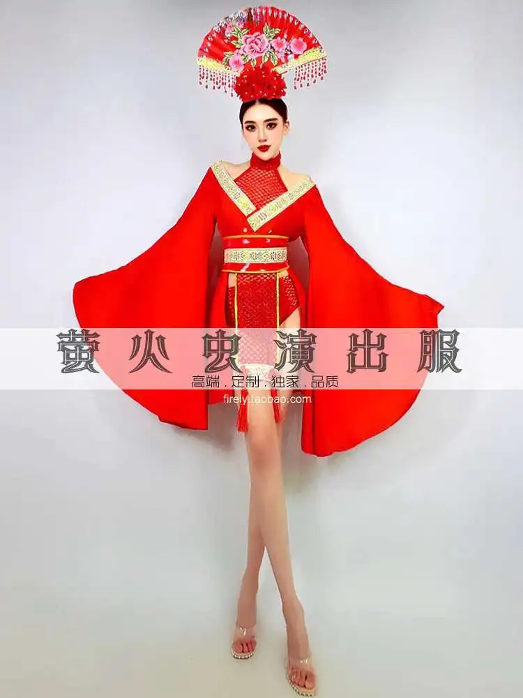 اليراع بار جوجو أداء زي أحمر كبير الأكمام ملهى ليلي DS النمط الصيني الاتجاه الوطني جديد منتصف الخريف مجموعة للنساء #4