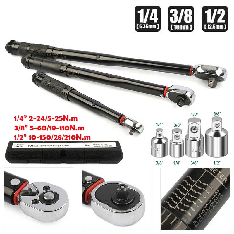 

2-210N.m Torque Wrench 1/2'' 3/8'' 1/4'' Square Drive Preset Bicycle Torques Key Two-way Ratchet Car Bike Automotive Hand Tools