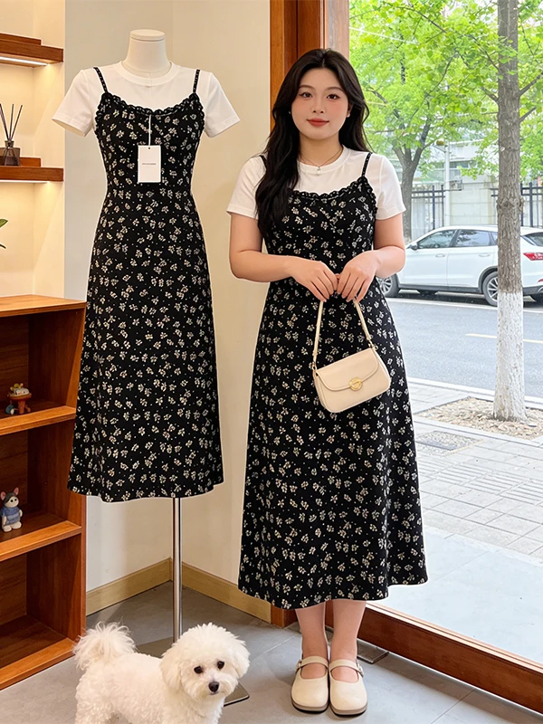 

plus Size Summer New Style Slimming White T-Shirt And Floral Halter Dress Two-Piece Set Korean Style Loose Fit Commute Fashion
