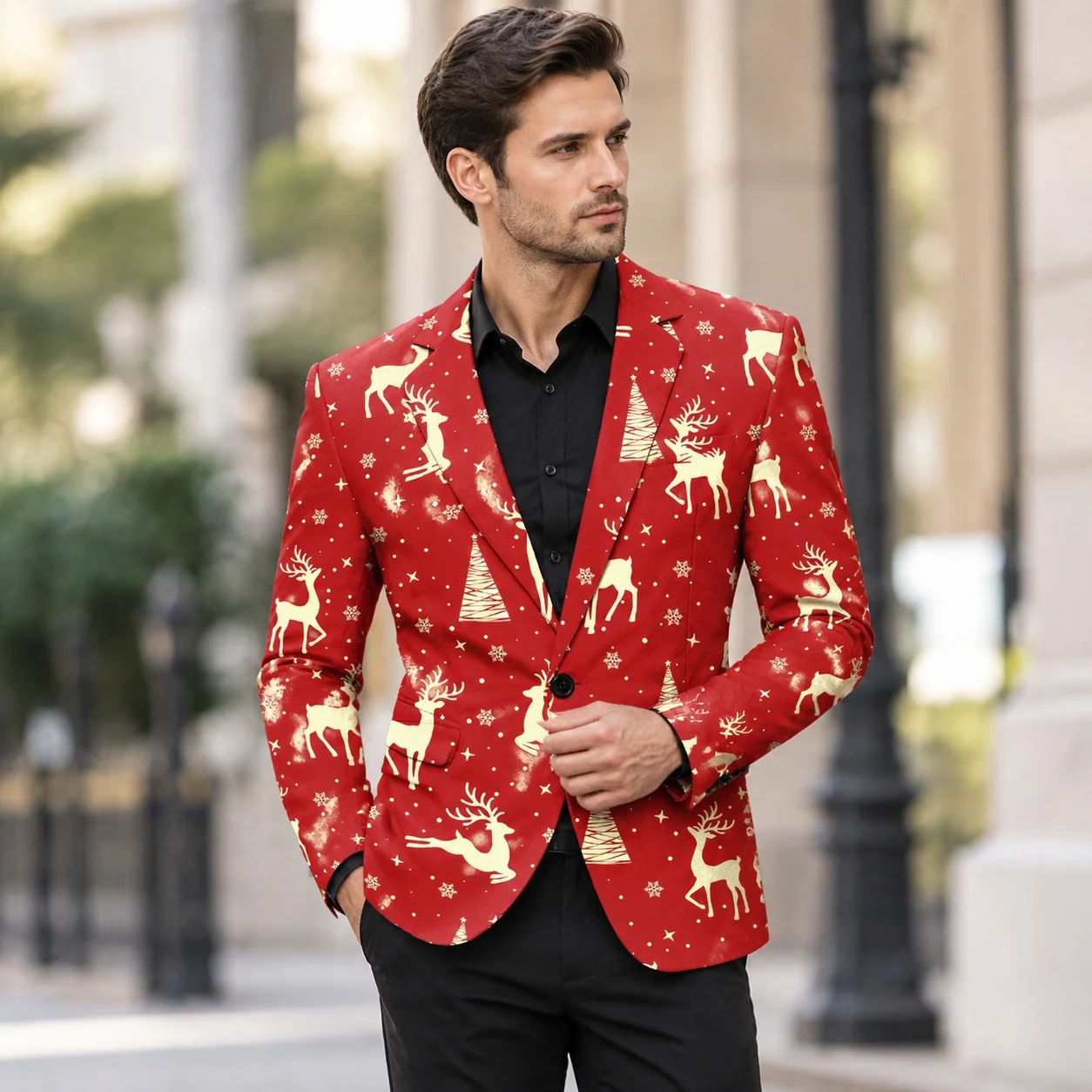 Fit Coat Notch Lapel Slim Fit English with Regular Length Single Breasted One Button Front Print Dyeing Process Men Urban Suit