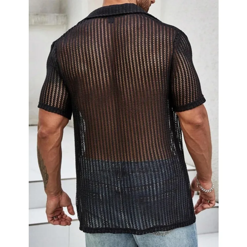 Sexy Hollow Out Knitted Shirt Lapel Men Summer Breathable See-through Beach Tops Mens Short Sleeve Shirts Button Streetwear Chic