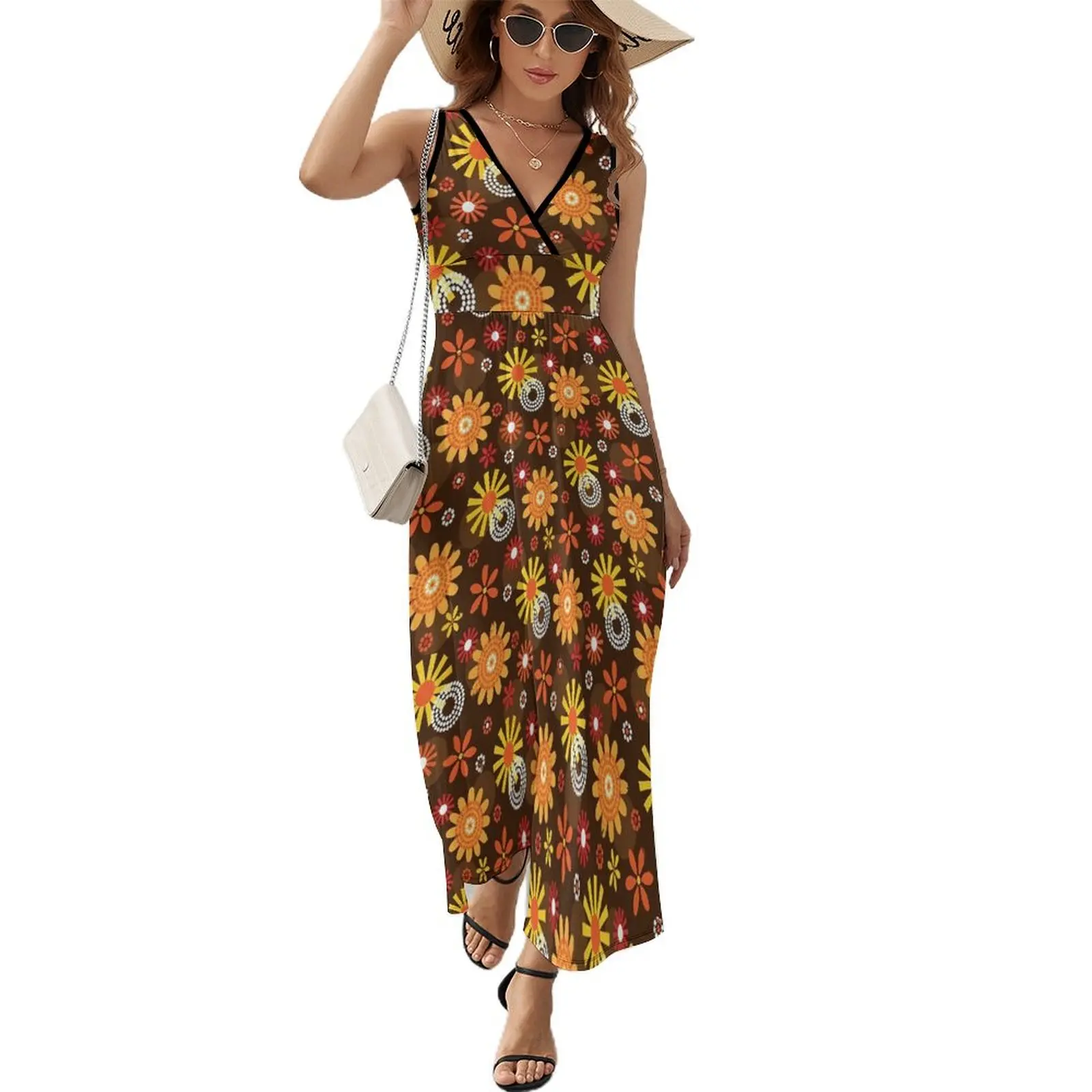 

Retro Boho Floral Dress Flower Print Night Club Maxi Dress V Neck Graphic Bohemia Long Dresses Street Style Oversized Vestido