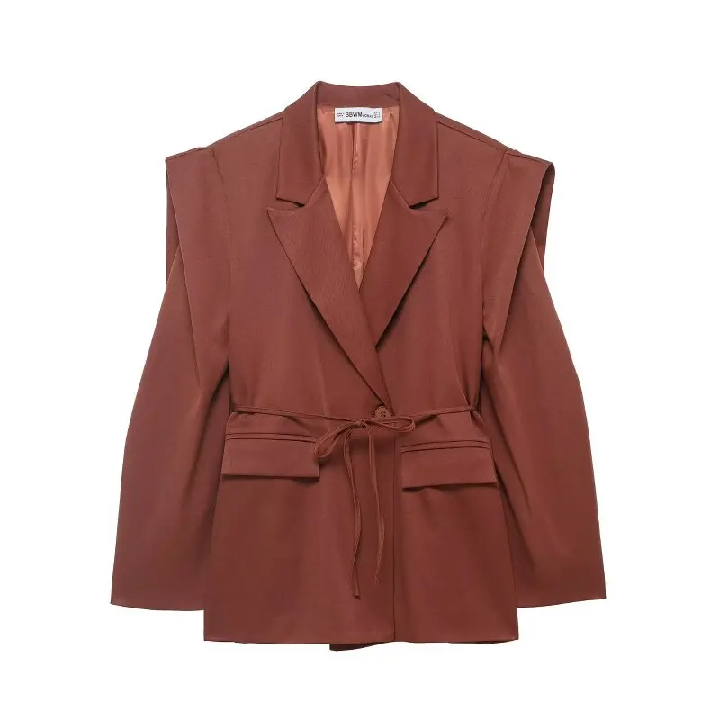 

Vintage Coffee Women's Blazer Notched Lapel Wide Shoulder Work Office Lady Suit Jacket Autumn Business Commute Casual Loose Tops