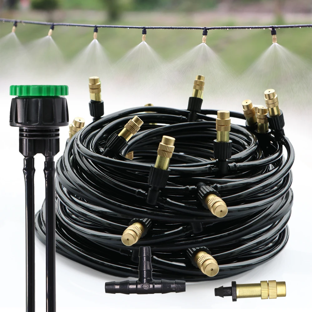 

5-30M Garden Brass Misting Cooling System 1/4'' Brass Atomizer Nozzles 4/7mm Hose Outdoor Greenhouse Patio Watering Irrigation