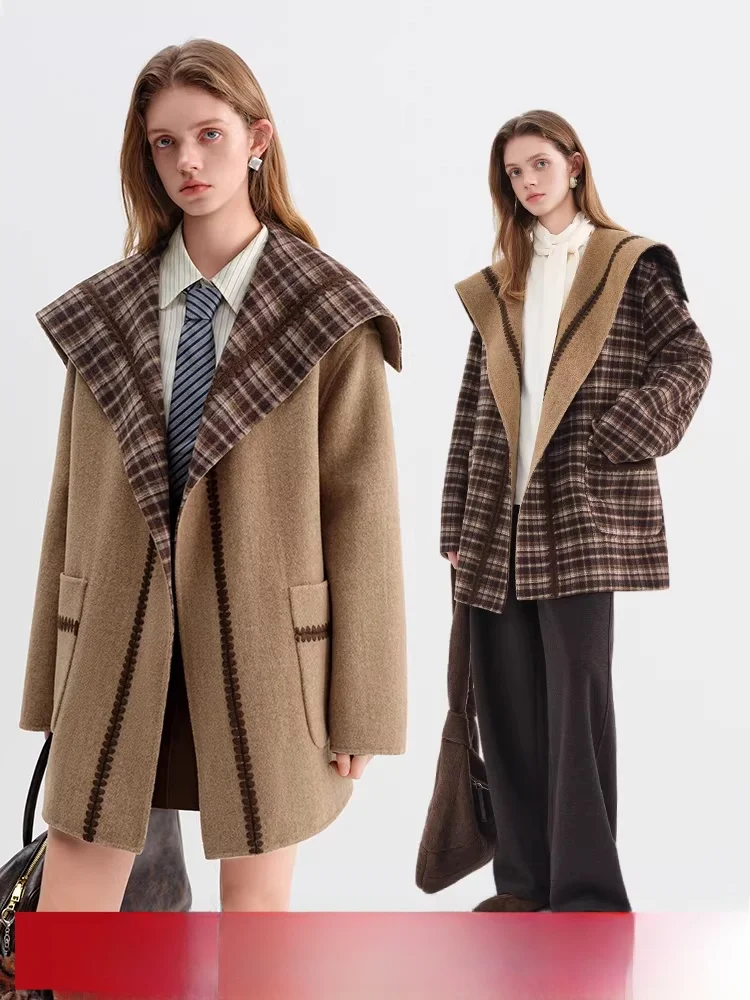 

Двустороннее шерстяное пальто в клетку для женщин, зимнее, модное, в стиле ретро, с вышивкой, в корейском стиле, свободного кроя