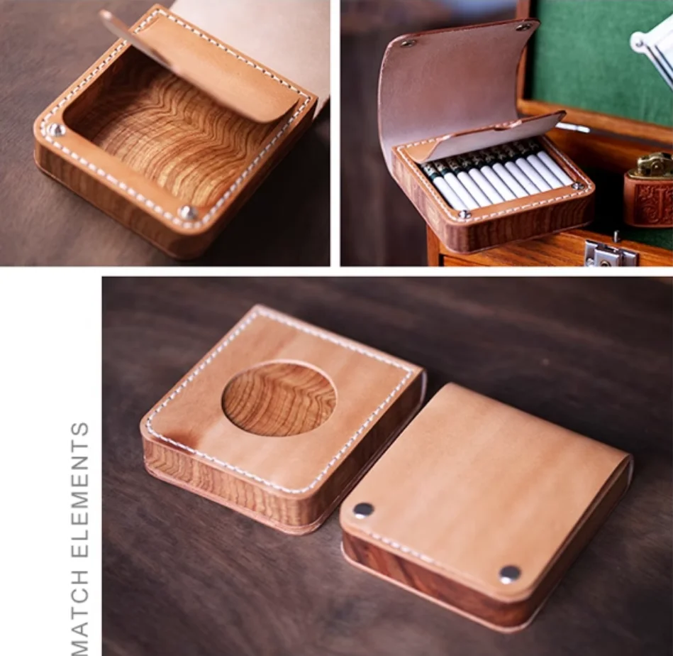 اليدوية خشبية علبة سجائر جلدية صدفي أزرار خاطفة 20-عصا مقاوم للرطوبة جلد البقر المحمولة صندوق تخزين السجائر هدية