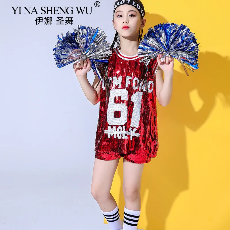 Sequin Jazz Dance Costume Boys and Girls Hip Hop Street Dance Modern Dance Cheerleading Performance Sleeveless Top Shorts Set