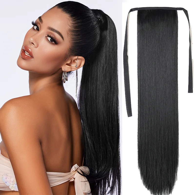 Synthetic Long Straight Drawstring Ponytail Extensions For Women Clip In Ponytail Extension With Ties Bandage Ponytail Bundle