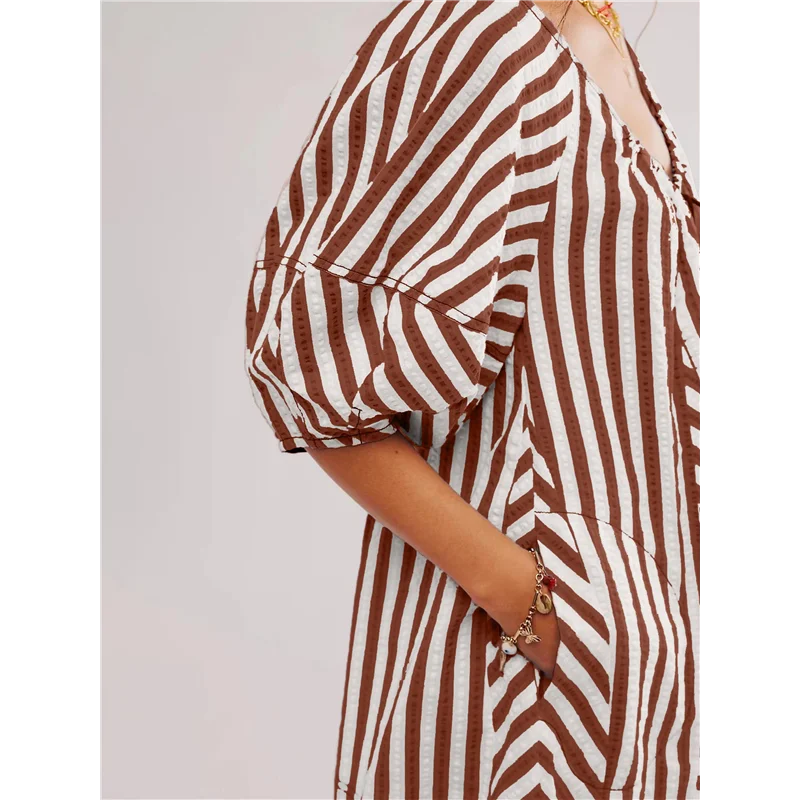 CYL-Womens فستان رومبير مخطط كبير الحجم بذلة ملابس عطلة الشاطئ مع جيوب