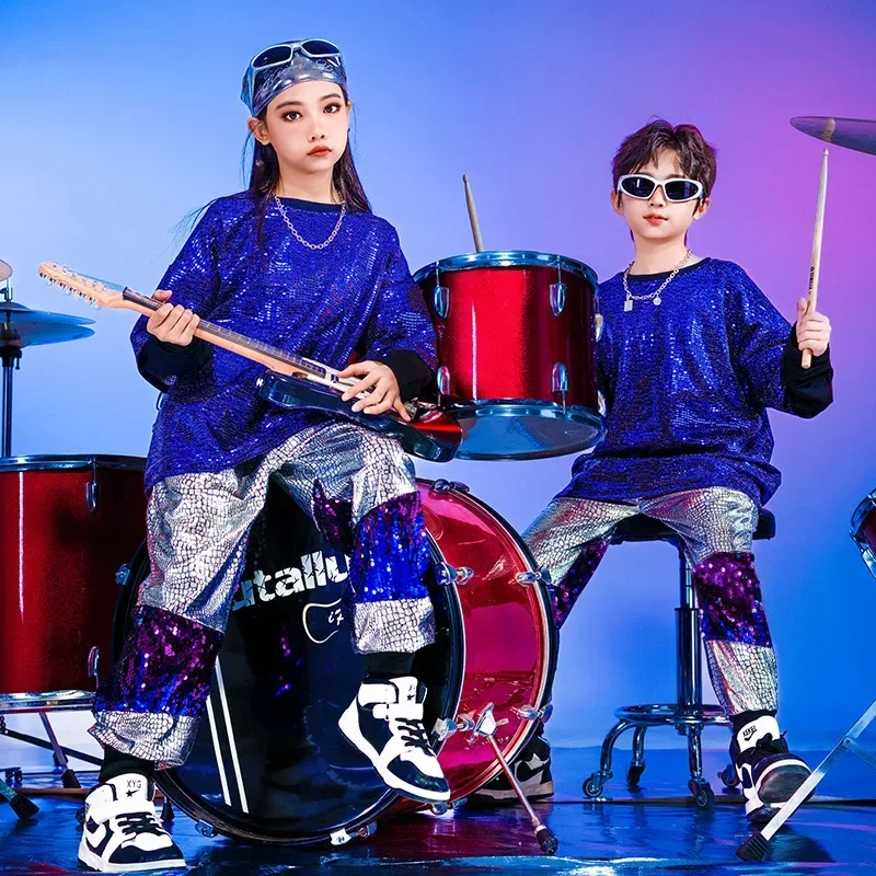 New Year Hip Hop Clothing Children Stage Sequins Suit Jazz Dance Drum Performance Costumes Boys Street Dance For Girls