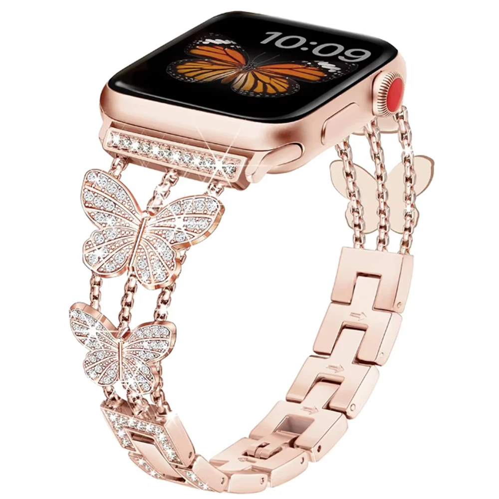 Metallarmband für Apple Watch Band Ultra 44mm 45mm 40mm 41mm 49mm Glitzerndes Schmetterlingsarmband für iWatch Series 9 8 7 6 5 SE 4 3
