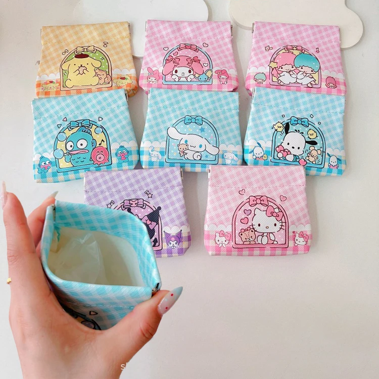 Sanrio Cinnamoroll Kuromi Cartoon Automatic Closing Purse Makeup Bag PU Waterproof Tampon Storage Bag Sanitary Pad Pouch