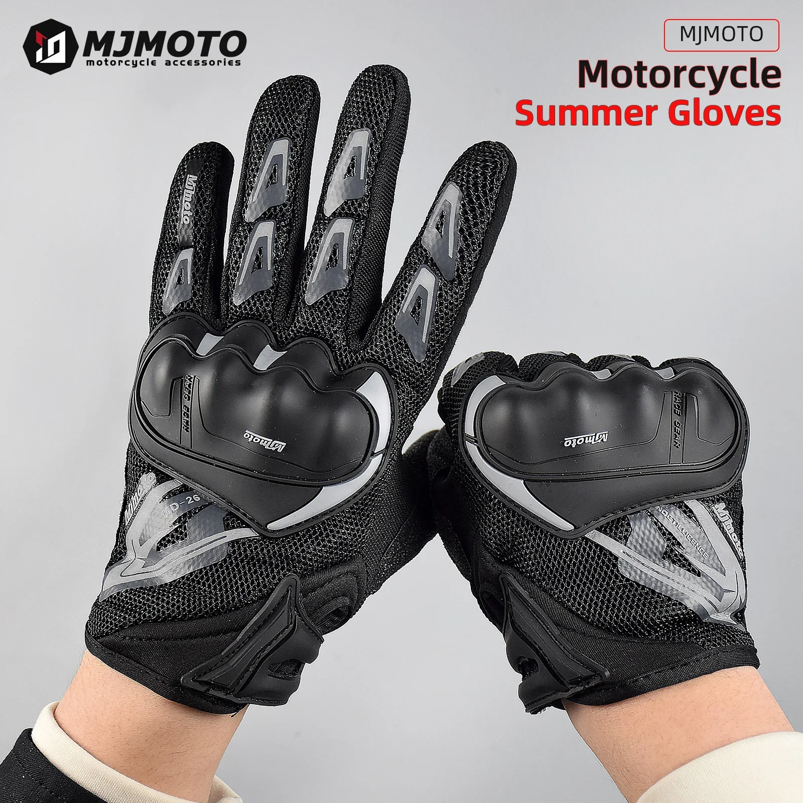 

Summer Full Finger Motorcycle Gloves Breathable Touchscreen Compatible Moto Biker Protection Gray Reflective at Night Guantes