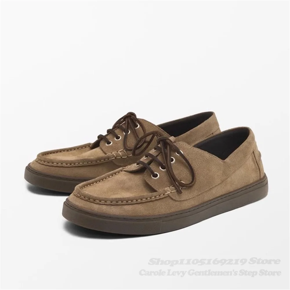 

Vintage Brown Velvet Leather Boat Type Shoes Men New Round Toe Handmade Casual Comfortable Trendy Flat Soft Lace Up Shoes