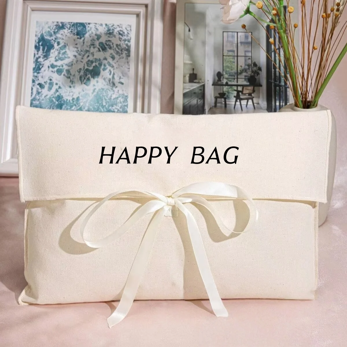 Organic Cotton Muslin Envelope Pouch With Ribbon Custom Logo Printed Natural Calico Cotton Flap Clothes Handbag Dust Bags