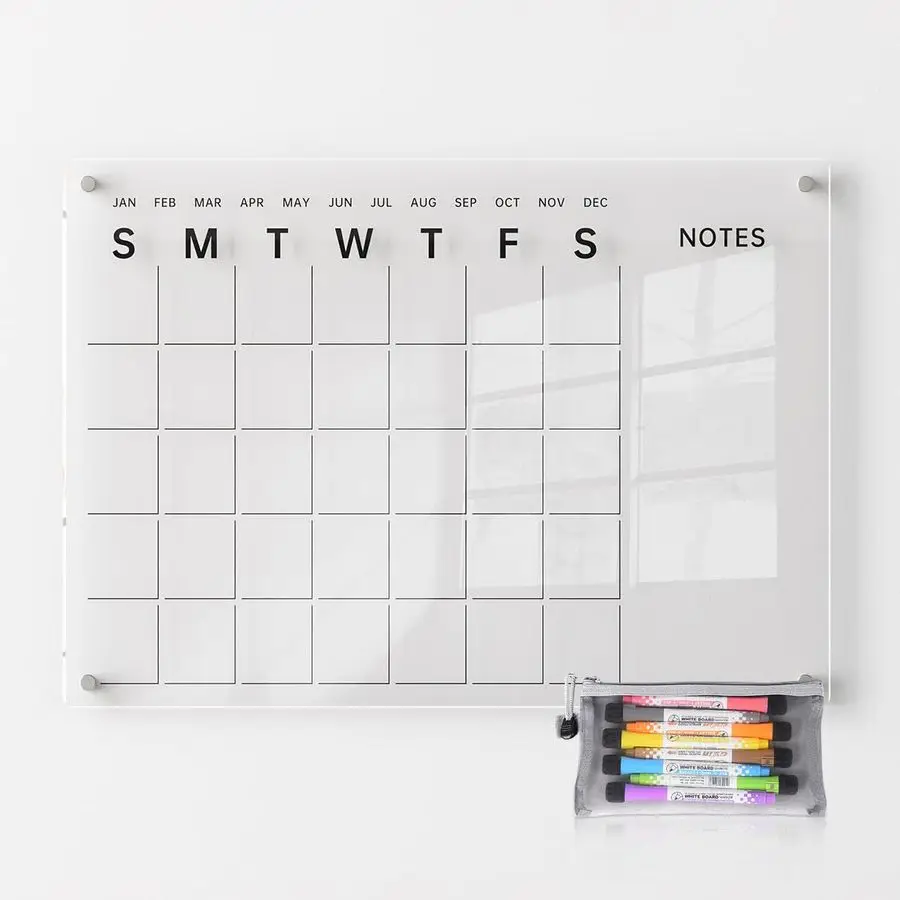 

Акриловый настенный календарь с черным принтом, большой планировщик сухого стирания, 8 маркеров, монтажный комплект ластик-усилителя, идеально подходящий для дома, офиса, Cla