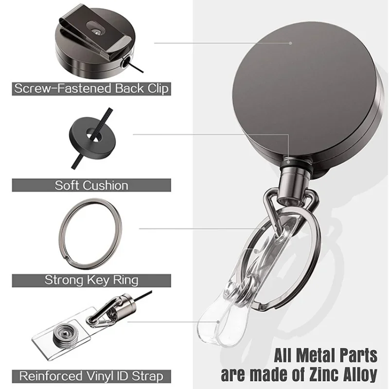 Imagem -04 - Metal Puxar Botão Retrátil Crachá Carretéis Cinto Chaveiro Alta Elástica Reciclável Cabo Extrator Chaveiro para id Cartão de Nome 1pc