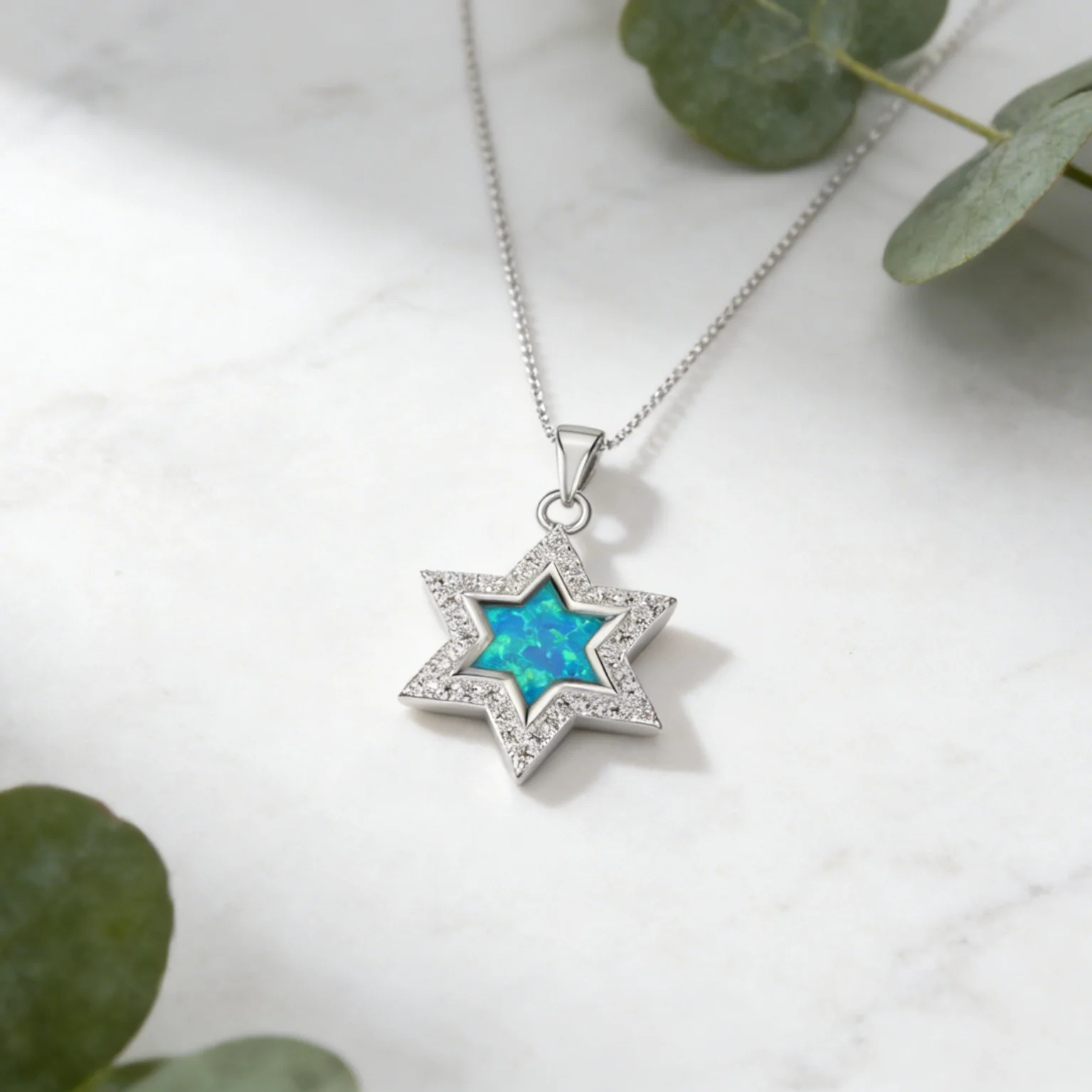 قلادة نجمة داود، قلادة أنيقة بسيطة مع أوبال أزرق و تشيكوسلوفاكيا، هدية مجوهرات فريدة للنساء، مجوهرات يهودية فضية اللون