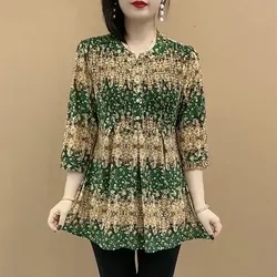 Blusa vintage casual estampada de manga 3/4, roupa feminina, camisa midi solta elegante, gola redonda, botão, primavera, verão, 2024