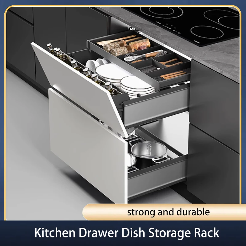 

SSOUIM Effortless Pull Out Kitchen Cabinet Tilt Storage Basket 3 Tier Drawer For Dishes Spices Cookware With Tool Drawer