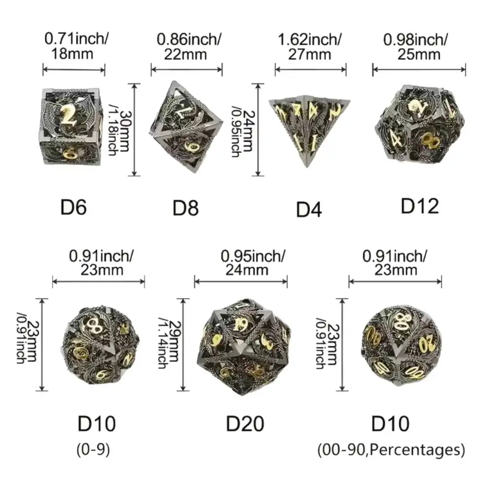 7PCS Colorful Hollow Metal Dice Dragon Dices set for Dungeons and Dragons Role Playing Dice D&D RPG dice with bag Board Games