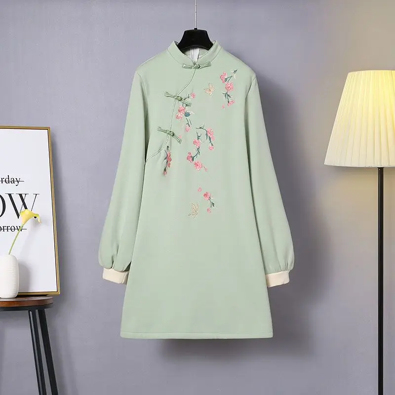 New Modern Chinese Style Chinese Style Embroidery Sweatshirt Dresses Plush And Thickened Dress Winter Plus Size Women Clothing