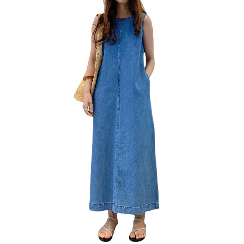 Blue Summer Dress Women 2023 Fashion Korea Elegant Thin Imitation Denim Vintage Loose Sleeveless Long Dress Streetwear Clothes