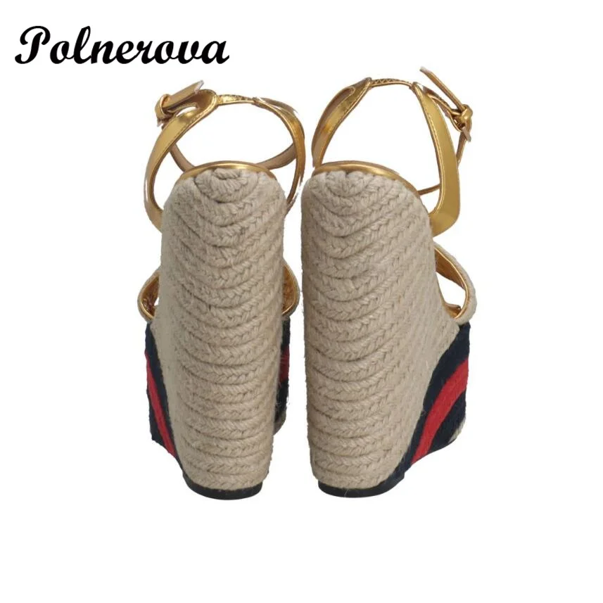 Black Red Mixed Colors Wedge Espadrille Sandals Gold Bling Open Sandal Buckle Platform Increased Design Dress Casual Shoes