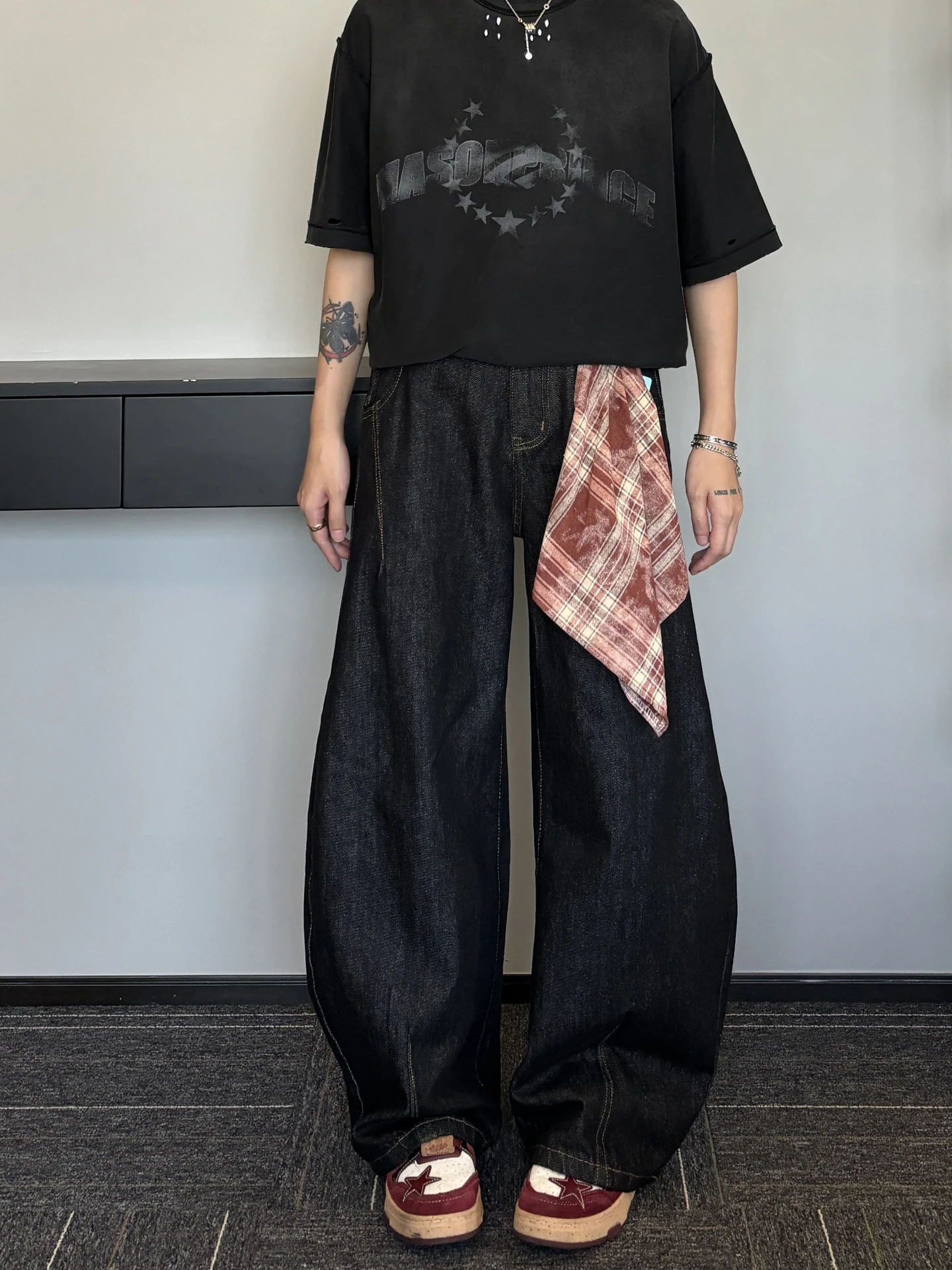 

Detachable Scarf Denim Wide Leg Pants Men's Loose Drapey Design Sensation Micro Flared Straight Leg Jeans Youth Trendy Jeans